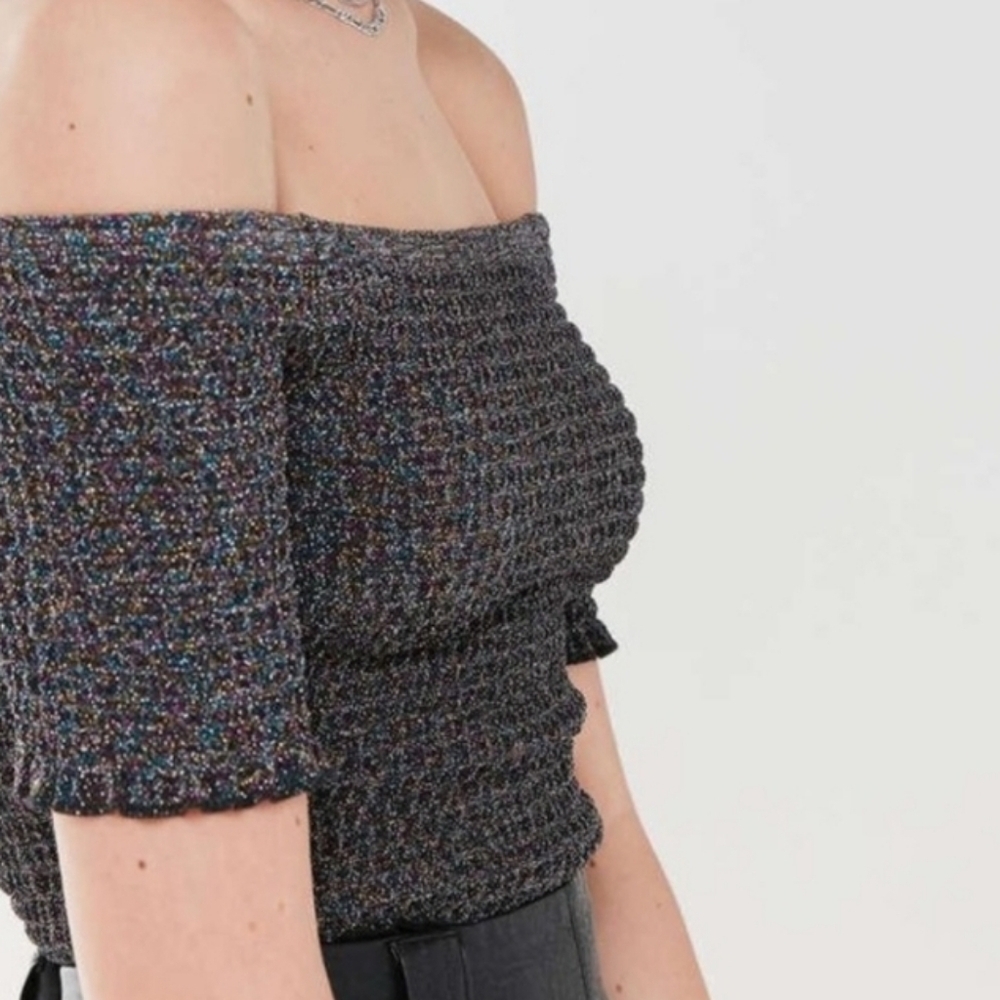 Urban Outfitters Multicolor Speckled Black Off-Shoulder Crop Top